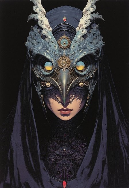 Styled by Katsuhiro Otomo,  Exquisite (mystic) lady as cultist of (Tzeentch:1.2), corrupted, (eyes of terror:1.4), eyes with (teeth), decorated with (living eyes), intricate back opened helmet (bird face mask) made of (beak:1.4), warhammer 40k, face (hidden) behind mask, runes, ((Synthwave)) , abstract lines , (minimalism 1), ray tracing details in the style of Stephen Gammell.