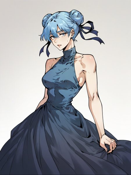 score_9, score_8_up, score_7_up, score_6_up, score_5_up, wthi, 1girl, blue hair, double bun, velvet dress,  <lora:wthiXLP2:0.8>