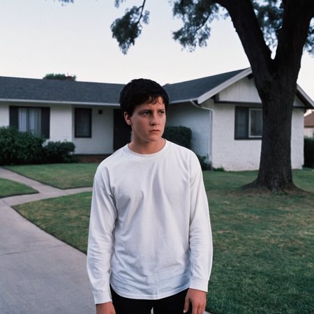 <lora:add-detail-xl:1>
<lora:detailed:0.3>
<lora:perfection style:0.3>
<lora:xl_more_art-full_v1:0.3>
 <lora:Donnie Darko film style:1>
Jake a sad man standing on a sidewalk next to a building,solo,short hair,shirt,black hair,long sleeves,1boy,standing,white shirt,male focus,outdoors,sky,day,pants,tree,black pants,grass,building,scenery,house , cinematic, film, Donnie Darko film style