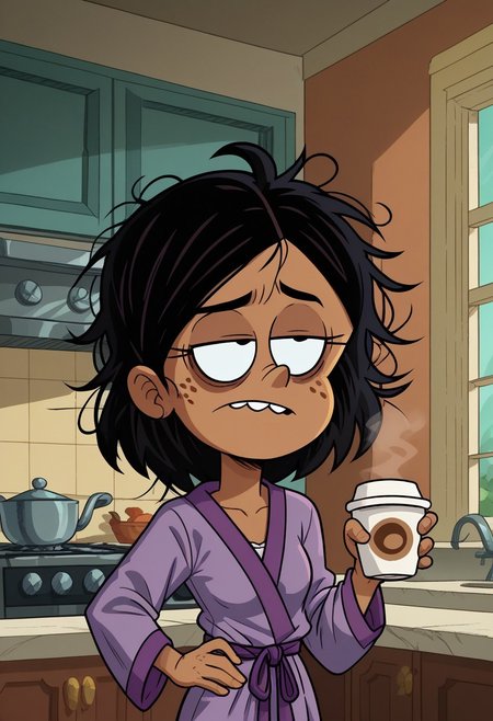 score_9, score_8_up, score_7_up, score_6_up, 1girl,solo,best quality,4k,
dark tan skin, black hair, hair down, messy hair, freckles on her cheeks, two buck teeth,show accurate, perfect anatomy, four fingers,
 indoors, kitchen background, show accurate, perfect anatomy, perfect hands, wear only purple bathrobe, loose clothes, one hand holding cup of coffee, one hand on hip, perfect hands, bags under eyes, sleepy eyes, loose clothes, eyes half close, small breast,