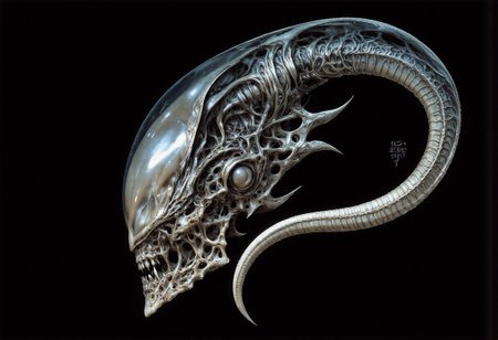 The image features an abstract representation of a skull intertwined with mechanical elements, showcasing a fusion of organic and mechanical forms. The skull has a ghostly, x-ray-like appearance, encased in a transparent, bubble-like structure that emphasizes its intricate details. The contrast between darker and lighter areas creates depth and movement, evoking themes of technology and humanity. The piece, signed “Clear Note” in a subtle script at the bottom right, seamlessly blends anatomical and industrial designs.
To incorporate a Xenomorph element into the image, consider adding elongated, biomechanical features characteristic of the creature, such as:
1. **Head Shape**: Alter the skull to feature a more elongated, sleek profile resembling the Xenomorph's distinct head shape.
2. **Texture**: Introduce a glossy, chitinous texture reminiscent of the Xenomorph's exoskeleton on parts of the skull and spine.
3. **Tail**: Add a segmented tail extending from the base of the skull, curling around the mechanical components.
4. **Eyes**: Replace traditional eye sockets with smooth, reflective surfaces to mimic the alien's dark gaze.
5. **Biomechanical Integration**: Blend alien-like limbs or appendages that appear to merge with the existing skeletal and mechanical structures.
This composition would maintain the abstract style while enhancing the eerie, alien atmosphere central to the Xenomorph design.