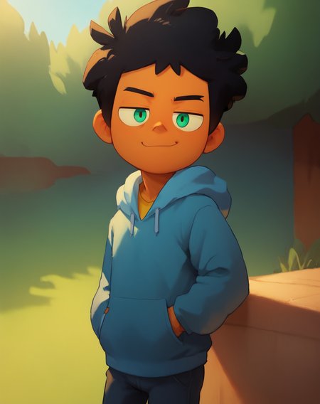 score_9, score_8_up, score_7_up, <lora:MaxCamp:0.8>, 1boy, solo, Max, black hair, green eyes, dark skin, blue hoodie, yellow undershirt, outdoors, smug, looking at viewer,   <lora:cartoon_men_r1:0.8>