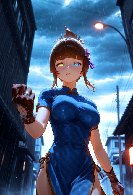 HDR, 8K, high contrast, masterpiece, best quality, amazing quality, very aesthetic, superabsurd res, high resolution, ultra-detailed, absurdres, newest, scenery, (horikoshi kouhei:0.3), (quasarcake:0.3), (wlop:0.3), dynamic angle, close up, foreshortening, gw_hana, 1girl, blue eyes, yellow eyes, heterochromia, brown hair, blunt bangs, sidelocks, folded ponytail, large breasts, hair ornament, dress, short sleeves, blue dress, side slit, china dress, chinese clothes, fishnet gloves, fixing glove, pulling glove, heavenly aura, looking at viewer, outside, overcast, neon, street lights, street, cloudy, raining heavily, glowing, fog, BREAK, photorealistic, beautiful detailed eyes, detailed skin, detailed hair, volumetric lighting, dappled light, light particles, dramatic shadows, cinematic lighting, photo background, depth of field, <lora:IL\UK shiny_skin1v_ILXL:0.65> <lora:IL\KMS_GW_Hana_IL:0.7>