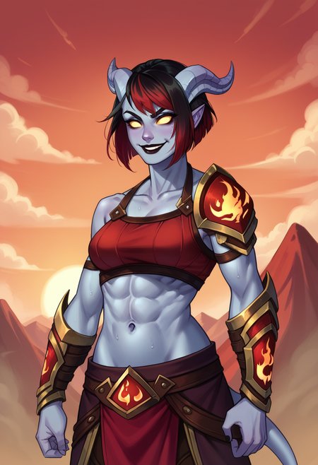 score_9, score_8_up, score_7_up, score_6_up, 1girl, solo, draenei, short hair, bob cut, black hair, red hair, two-toned hair, black lipstick, grey skin, yellow sclera, no pipils, evil smile, midriff armor, upper body, navel, athletic, abs, sweaty, hell background, red mountains, red sky, red sun, flames, blank eyes,
<lora:Krys_Decker_-_Artist_style:1> ss-krd_o