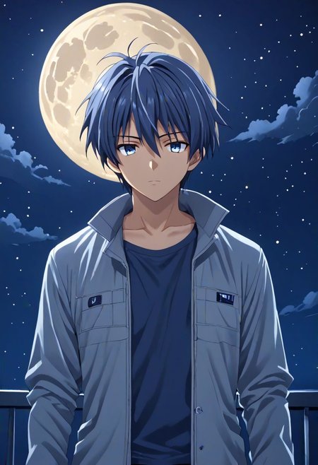 high resolution, solo, best quality, 1Boy, Tomoya Okazaki, Grey Blue Hair, open space, night sky, moon, OverallDetail
