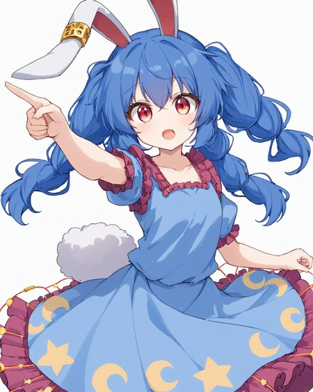 seiran \(touhou\),1girl, solo, earclip, open_mouth, kine, rabbit_tail, pointing_at_viewer, star_\(symbol\), looking_at_viewer, white_background, blue_dress, finger_gun, star_print, :d, crescent, simple_background, crescent_print, holding, upper_teeth_only, blue_skirt, v-shaped_eyebrows, twintails, puffy_short_sleeves, frills, shirt
<lora:seiran_(touhou)_image1670_2023-12-20-000010:1>,star-shaped_pupils,symbol-shaped_pupils,. gorgeous,key visual, vibrant, studio anime,award-winning, professional, highly detailed,high budget, cinemascope