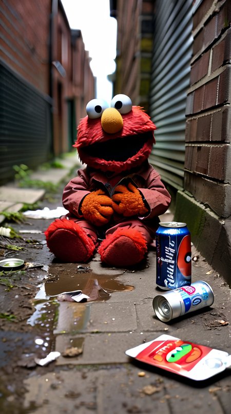 (Drunk Elmo on ground of alleyway:2), (beer cans:1.4), (elmo), (dirty alleyway:1.4), (day:1.2) <lora:Elmo:1>