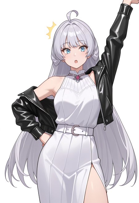 Smooth Quality,masterpiece,very intricate, high quality details, ultra realistic, high detailed skin,detailed enviorement,absurdres,
simple background, white background,
front view,surprised,stretching, one arm raised, other on hip, slight side bend, relaxed body,  ,
side slit skirt, ,biker jacket,  ,bolero,  , <lora:Crylet_Kureha_cnn:0.8>kurehacnn,1girl,bangs, blue eyes, ahoge, mole,  bare shoulders, grey hair, very long hair,