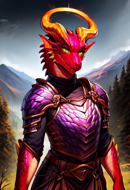 Dragonborn, furry dragon, rainbow scales, chromatic scales, (violet green and red gradient scales), (yellow horns with purple tips), gradient scales, female, flat chest, solo, cian underbelly scales, spiked scales, standing, relaxed pose, h0rns, ram horns, straight swirled horns,  magic halo floating overhead, cleric armor, full armor, cleric clothes, medieval clothes under armor, armor mantle, bright green eyes, detailed eyes, slim shape, gentle smile, mountains background, exterior, fullbody