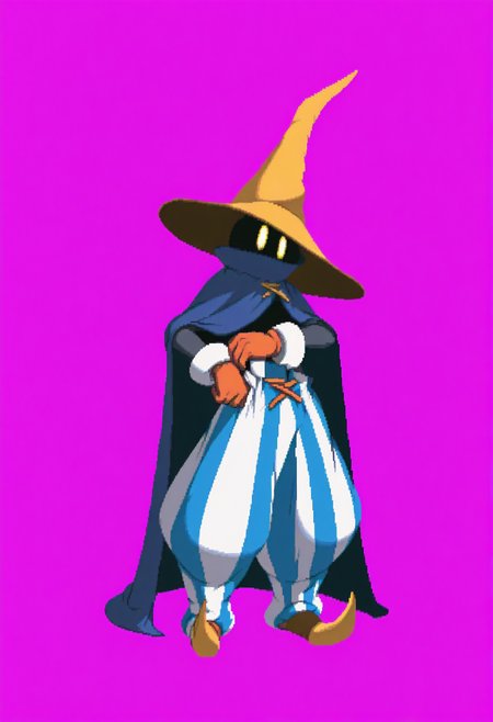 masterpiece, best quality, solo, 1boy, looking at viewer, <lora:Dengeki_Bunko-illus_Fp:1>, full body, pixel art, simple background, <lora:Ziggy-illus_Fp:1>, ziggy, yellow eyes, shaded face, faceless, no mouth, wizard hat, striped pants, cloak, robe, gloves, puffy pants, adjusting clothes,