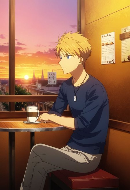 high resolution, professional photography, best quality, 1Boy, Yamato Ishida, blond hair, deep blue eyes, necklace, cafe, corner, sit, soffa, casual outfit, coffee, waiting, warm building, sunset, OverallDetail