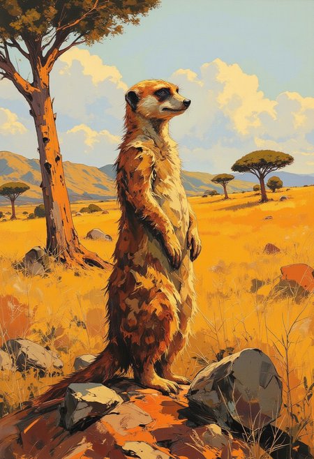 A high detail oil painting of a meerkat standing upright on watch. The meerkat is depicted in intricate fur texture, illuminated by warm sunlight. Background features a vast African savanna with dry grasses and acacia trees. The painting emphasizes fine brushstrokes, realistic lighting, and a sense of natural realism. Fantastic lighting. Detailed shadows.intricate details, vivid colors, hyper-detailed, ultra-sharp, DB4RZ, DB4RZ style painting, NeoPigma, in the style of cksc, anime, cyberpunk