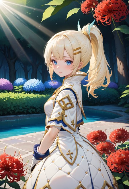 masterpiece, best quality, very aesthetic, absurdres, rom_saint_xl,
1girl, blonde hair, ponytail, hair ornament, blue eyes, 
from side, looking at viewer, fixing hair, miniskirt, mystical forest, water, spider lily, hydrangea, falling petals, light rays, tyndall effect, vivid colors, tranquil and magical atmosphere,
shiny skin, beautiful face, beautiful eyes, extreme detailed, official art, professional illustration, hires,
<lora:rom_saint_pony_xl:1>, <lora:aesthetic_anime_v1s:0.5>, <lora:add_details_xl:0.5>