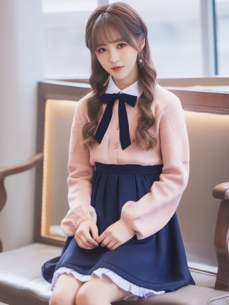 masterpiece, best quality, girl, long hair, looking at viewer, brown cardigan , frilled socks, hair_bow, bowtie, in winter, blush, sweater dress, ,<lora:sl_sila:0.8>