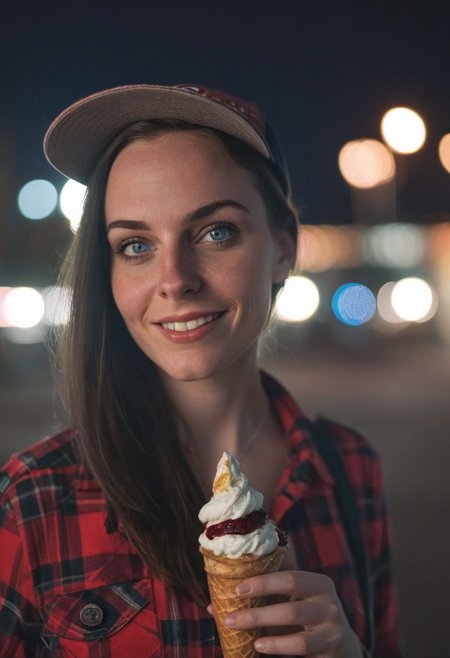 A 30yo woman eating a cone icecream.  blue eyes. perfecteyes
Wearing Jeans and Plaid red shirt with a hat/cap red. 
Long dark black slick back hair. No makeup.
Night time, Street light. 
Looking at camera POV.  Slight smile.
Medium Close Up shot.
Bokeh. Bokeh light.  
Blurred background.