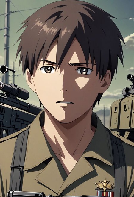 high resolution, solo, best quality, 1Boy, Takaki Toono, Brownish Hair, Brown Eyes, military, action, OverallDetail