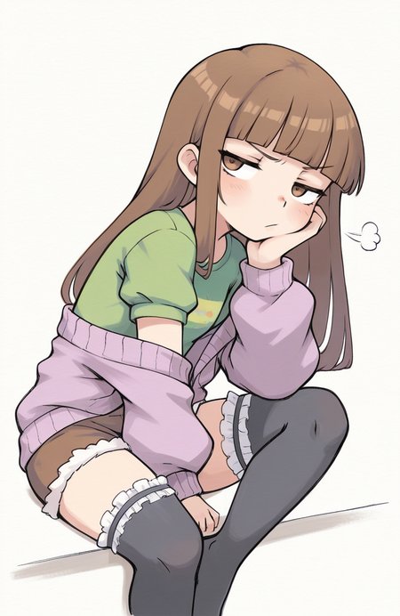1girl, solo, <lora:qtkat:0.9> qtkat, traditional media, watercolor \(medium\), 
<lora:BekBry:0.6> bekbry, brown eyes, brown hair, long hair, blunt bangs, petite, purple open sweater, fur-trimmed sweater, short puffy sleeves, green t-shirt, short puffy sleeves, brown cutoffs shorts, black frilled thighhighs, no shoes, sitting, head resting on hand, bored sigh, half-smile, annoyed attitude, extremely detailed, highres, masterpiece, best quality