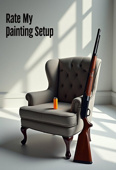 one shotgun shell on a chair, a shotgun leaning to the chair, in a white room, dramatic, cinematic lights, highly detailed, 
title with text:"rate my painting setup", bold black text on the top