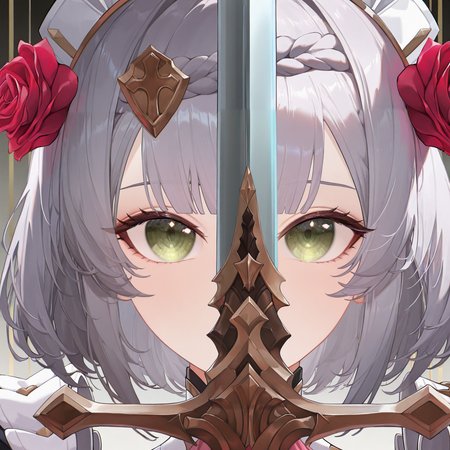 masterpiece, best quality, absurdres, highres, newest, 1girl, solo, <lora:swordsalute-pose-richy-v1_ixl:1>swordup, looking at viewer, close-up, holding sword,  <lora:noelle-gi-richy-v1_ixl:1> nldf, green eyes, grey hair, short hair, braid, blunt bangs, hair ornament, maid headdress, hair flower, red rose, pink ascot, breastplate, breasts
