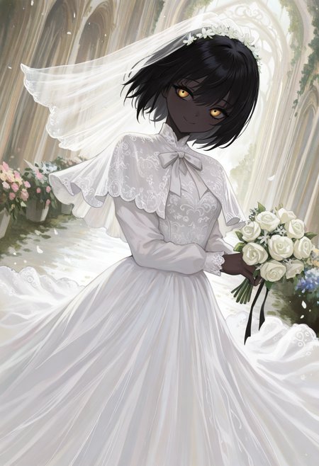 masterwork, perfect quality , amazing quality, absurdres, newest, hyper detailed, detailed, masterpiece, highly detailed, best quality, absolutely eye-catching, 1girl, solo, theprincess, dark-skinned female, very dark skin, black hair, short hair, yellow eyes, wedding dress, bridal veil,  white dress, bow, capelet, long sleeves, flower, wedding, smile, scenery, dynamic pose, (dramatic angle, dynamic angle:1.2), facing viewer, looking at viewer,  <lora:theprincess-illust:1> <lora:NOOB_vp1_detailer_by_volnovik_v1:0.3> <lora:spo_sdxl_10ep_4k-data_lora_webui:0.6> <lora:748cmSDXL:0.3> <lora:mon_monmon2133:0.4> <lora:noobai_vpred_1_masterpieces_v23:0.5>