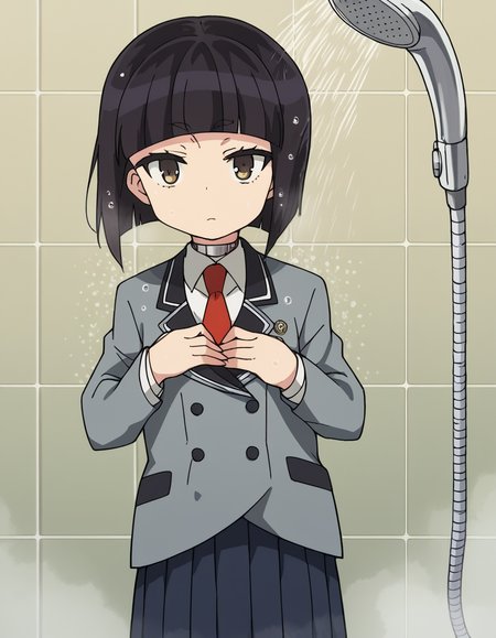 score_9, score_8_up, score_7_up, source_anime, <lora:otome-saotome-s1-ponyxl-lora-nochekaiser:1>, otome saotome, short hair, black hair, brown eyes, blunt bangs,, skirt, school uniform, pleated skirt, necktie, black skirt, red necktie, grey blazer, long sleeves,, shower, water, steam, shower head, tiles, , hands on own chest,, looking at viewer, solo,, dutch angle, cowboy shot