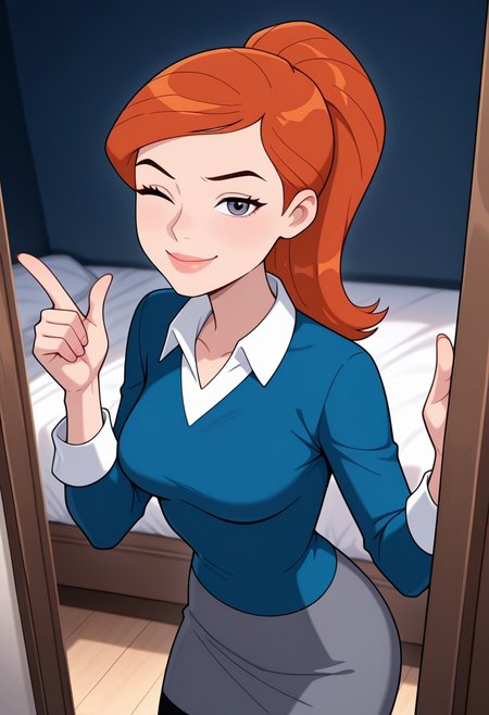 gwenuaf, 1girl, ponytail, solo, orange hair, lips, breasts, collared shirt, long sleeves, blue shirt, white shirt collar, dark grey skirt, black best, black pants,,  solo,, orange hair, lips, breasts, masterpiece, best quality, amazing quality, very aesthetic, absurdres, newest, 
pointing  at viewer, wink, smile, finger guns, bedroom,