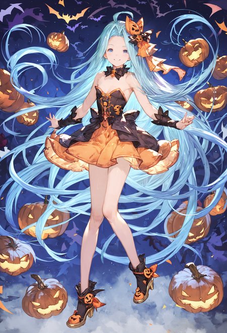 score_9, score_8_up, score_7_up,score_6_up, source_anime, best quality, aesthetic, absurdres, realistic, 
full body, 
halloween, halloween costume, happy halloween, official alternate costume, hair ornament, 
1girl, solo, smile, (clear eyes:1.1), looking at viewer,
Lyria (Granblue Fantasy), very long hair, blue hair, (body_slim:1.1), small breasts, bare legs, 
<lora:Lyria-Pony:0.8>  <lora:IshikePony:0.2>