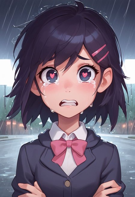 1girl,female pervert,kawaii,bishoujo,upper body,solo,looking at viewer, in the rain,rainy days,storm,outdoor,pink lucency full dress,cardigan,street,crying with eyes open,heart-shaped eyes,cry loudly,lots of tears,open mouth,cute face,teeth ,arms crossed, bowtie,hairclip,endured face,crazy,sad,masterpiece, best quality