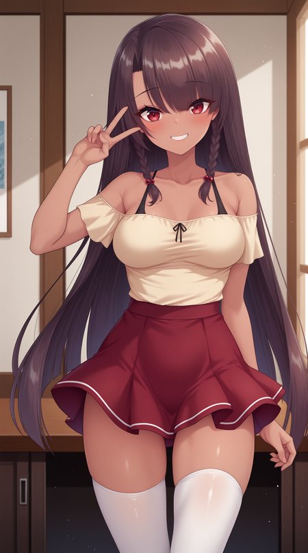 masterpiece, best quality, amazing quality, very aesthetic,  absurdres, best quality, 4k, upscale, indoors,   aina, 1girl, solo, long hair,  pose, v, thighhighs, skirt, white thighhighs, off-shoulder shirt, dark-skinned female, red eyes, red skirt, smile, very long hair, breasts,  off shoulder, looking at viewer,  bare shoulders, shirt, collarbone, bangs, blush, medium breasts, miniskirt, standing, brown hair, teeth, zettai ryouiki    <lora:Aina_IL:0.8>
