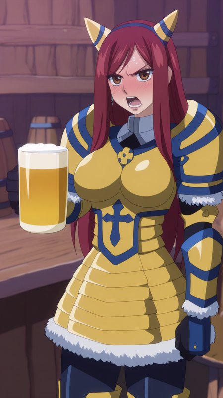masterpiece, best quality, very aesthetic, absurdres, BREAK, 1girl, looking at viewer, cowboy shot, 
<lora:Giant_Erza_Illu_Dwnsty:0.8>, erz_giant, brown eyes, red hair, long hair, hairband, fake horns, armored dress, gold armor, black gloves, fur trim, gauntlets, pauldrons, breastplate, shoulder armor, 
large breasts, lips, drunk, holding beer, beer mug, sitting, on chair, angry, open mouth, 
indoors, tavern, bar, counter,