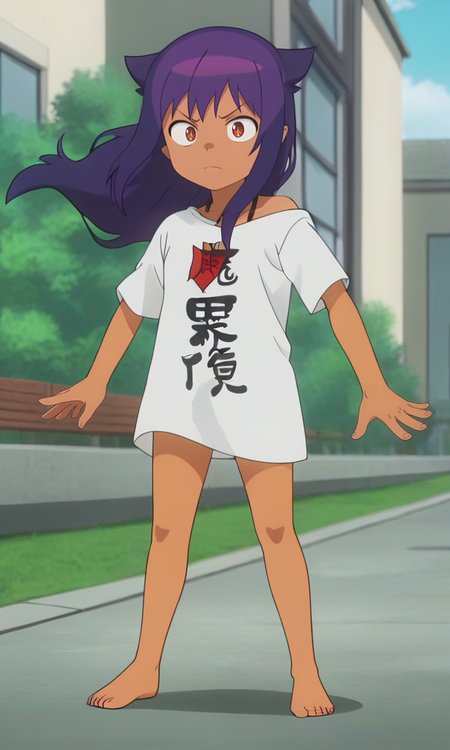 masterpiece,best quality,detailed hands,detailed body,detailed face,detailed face,
anime screencap,
 <lora:Jahy_16XL:0.8> 1girl,solo, long hair, 
jahy_young,
dark skin,  dark-skinned female, purple hair, 
t-shirt,barefoot