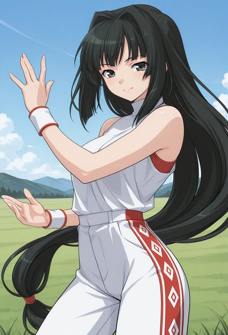 kusanagi_mikoto, black eyes, black hair, long hair, very long hair, low-tied long hair, hair intakes, wristband, sleeveless shirt, white shirt, white pants, red pattern, diamond pattern, <lora:kusanagi_mikoto_illustrious_ver1:0.8> 
smile,, masterpiece, best quality, very aesthetic, absurdres, general,, 1girl, solo, blue sky, (grasslands:1.2), looking at viewer,, (cowboy shot, dynamic pose:1.4),