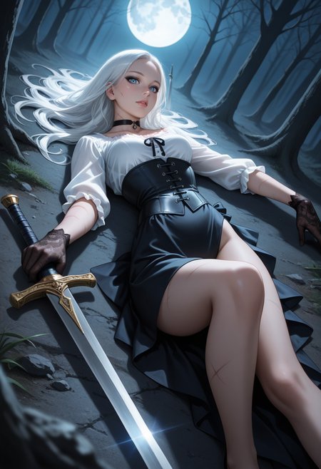 depth of field, focused subject, ((dynamic angle)), sexy pose, best quality, detailed eyes, perfect eyes, realistic eyes, white hair, long hair, blue eyes, ((full lips)), (black eyeliner), (freckles), slim body, lace gloves, choker, ((scars)), (long sword), small ass, small breasts, realistic breast, (white blouse), (black corset detail), (black asymmetrical skirt), BREAK, lying on back, one leg bent, front view, looking at viewer, movie perspective, dark background, abstract background, dark forest, night, fog, moon light, dynamic light,