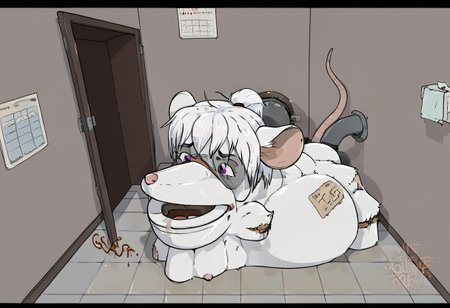 Toilet tf,  female, furry mouse, Pipe in ass, white hair, ponytail hairstyle