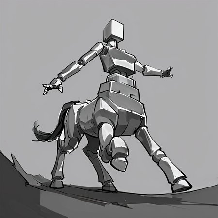 Pencil Sketch Drawing, score_9, score_8_up, score_7_up, score_6_up, score_5_up, score_4_up, source_anime, quadruped, a cute centaur girl, monochrome, greyscale, no humans, robot, mecha, ((centaur robot)), dynamic pose, flat color, sketch, black and white drawing, graphite drawing, score_9, score_8_up, score_7_up, score_6_up, score_5_up, score_4_up, source_pony,BoxPerson, monochrome, greyscale, no humans, robot, mecha, centaur robot, dynamic pose, flat color, sketch, cinematic, detailed, sharp detail,  <lora:BoxPerson:0.7>,  (breasts), <lora:Centaur_ponyxl_keyword:0.7>, graceful, [[ dynamic angle, extreme perspective,  <lora:[GP]Yaya hiyayaka style [Pony XL]:0.5>, Yaya Artstyle,  <lora:Yaya_Artstyle:0.5>, movement,  dynamic angle, foreshortening, dynamic pose, back view,  <lora:DynamicPoseXL_alpha1.0_rank4_noxattn_100steps:2> ]]
