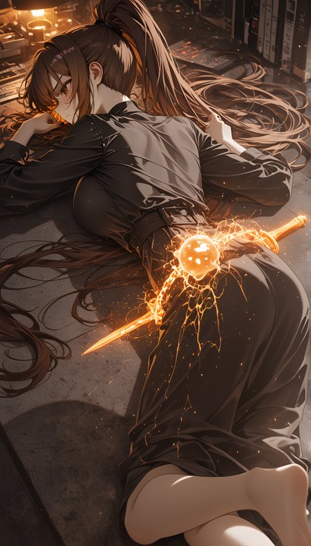 newest, slime_(creature), Chestnut brown hair, absolutely eye-catching, 1girl, motion_lines:1.1, view of stars., masterpiece, chin_in_hands, amazing quality, nail_polish, ultra-detailed, ornate dagger pulsing with dark energy, Dagger, depth of field, large breasts, ambient occlusion, absurdres, motion_blur:1.1, barefoot, very aesthetic, anime character, Dawn, Neon Brown Theme, lean muscle, 8K, determined frown), succubus, Spaceship docking bay, high ponytail, on_stomach, very long hair, lying, Button-down shirt dress with a belted waist and roll-up sleeves., 2boys, Stubborn expression (Set jaw, best quality, Maaya Awatsuki (A Certain Scientific Railgun), dark priestess, vhs tape aesthetic, Aerial Perspective / Atmospheric Haze, glow, pale skin, Back view, HDR