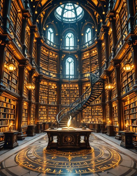 grand enchanted library filled with towering wooden bookshelves that stretch endlessly into the distance, packed with ancient, leather-bound books glowing with mystical runes. The atmosphere is illuminated by floating candles and ethereal blue and golden lights that hover in the air, casting a warm, magical glow. A spiral staircase made of dark oak winds upward, disappearing into the shadows of the high-vaulted ceiling adorned with intricate celestial carvings. Wisps of enchanted mist swirl around the floor, while some books levitate gently from shelf to shelf, as if guided by an unseen force. The air shimmers with dust particles suspended in soft, golden light filtering through stained glass windows, depicting mythical creatures and arcane symbols. The scene is rich in deep, warm tones of mahogany, gold, and sapphire, evoking a sense of wonder, mystery, and timeless knowledge. The image is highly detailed and photorealistic, capturing the textures of the aged books, the glow of magical elements, and the enchanting stillness of this mystical sanctuary of wisdom.
<lora:SDXLFaeTastic2400:0.4> <lora:extremely_detailed:0.4> extremely detailed,<lora:3nch4nt3d_l1br4ry-ill:1>,3nch4nt3d l1br4ry, Masterpiece,best quality,hi res,8k,hi res,8k,award winning,(sharp focus, intricate, highly detailed),