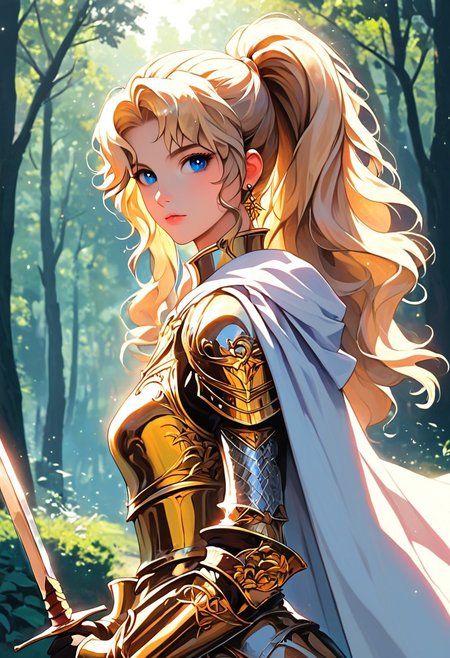 1girl, weapon, armor, sword, blue eyes, holding weapon, solo, blonde hair, holding sword, looking at viewer, cape, holding, forest, long hair, white cape, nature, shoulder armor, ponytail, gold armor, gloves, breastplate, outdoors, nose, pauldrons, tree, from side, blurry background, closed mouth, blurry, knight, bush, plate armor, wavy hair, vambraces, black gloves, gauntlets, upper body, standing, faulds, two-handed, earring, reflection, 
rimixa,,  <lora:Ri-MIX_A_Illustriousv-000010:1>, masterwork, masterpiece, best quality, dynamic lighting , dynamic pose,,  dynamic angle, lips, nose