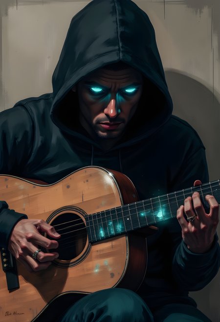 cinna flow, Mysterious figure playing a guitar; dark, hooded figure, mid-20s to 40s, unknown ethnicity, playing acoustic guitar with glowing lights; black hooded sweatshirt, wearing a ring on one hand; expression of focus and deep thought; muted, serious yet introspective mood; large expressive eyes glowing in bright blue; hands gripping the guitar strings; guitar, worn, light brown wood with numerous tiny water-like textures; brightly colored, glowing lights on the guitar body, rainbow spectrum; pale beige wall background with subtle texture; dramatic lighting emphasizing the figure and instrument, low-key and intimate atmosphere; detailed fine line artwork style with a slightly painterly effect; artistic and melancholic, emotional feel of contemplation and introspection; close-up, slightly angled view focusing on the player and instrument; realistic guitar strings, realistic anatomy; art nouveau or graphic novel style, melancholic mood.