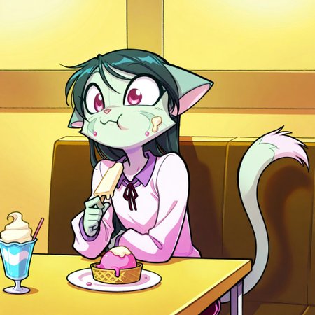 score_9, score_8_up, score_7_up,lilith_calah,
1girl,solo,furry,tail,dark green hair, source_furry,
 ,<lora:lilith_calah_illustrious:0.8>,
masterpiece, child, kid, 
restaurant, sitting at table, eating ice cream, ice cream on cheek, adorable