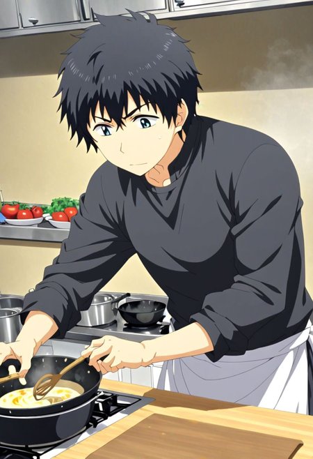 high resolution, solo, best quality, 1Boy, Arata Kaizaki, Black Hair, cooking, kitchen, OverallDetail