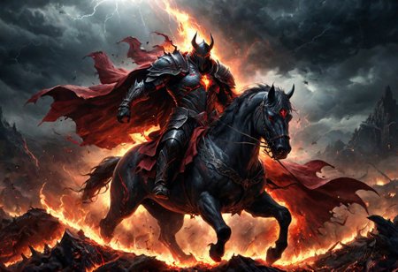 amazing quality, masterpiece, best quality, hyper detailed, ultra detailed, UHD, perfect anatomy, dof, hyper-realism, wide lense, epic, hell knight, evil hero, general, riding horse, leader, war axe, red cape, long cape, full body, demon, beast, wrath, fear, massacre, horror, violent, gore, guts, blood, terrifying, disturbing, disgusting, evil, horrifying, nsfw, dark, death, flames, storm, lightning, destruction, apocalypse, cinamatic composition, harsh shadows <lora:add-detail-xl:1.0>, <lora:extremely_detailed:1.2>