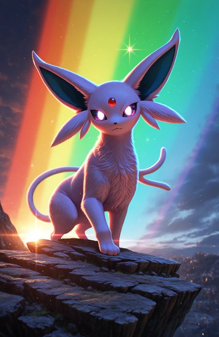 best quality, amazing quality, very aesthetic, high resolution, ultra-detailed, absurdres, newest, scenery, furry, feral, espeon, cute, fluffy, looking at viewer, sparkles, glowing eyes, dramatic lighting, dramatic pose,  chromatic aberration, light beam, rainbow, <lora:BCkiwis_3D_Art_Style_ILNOOB:0.5>