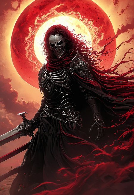 Gritty, Monochrome with color Highlights, Sundawn, Landscape, towering Knight, heavy armored,Fantasy, dmsty, masterpiece, best quality, good quality, newest, highres, absurdres, solo, dark atmospheric, detailed, intricate, Orange-pink sun, Clouds, giant sword, Ethereal, dmsty, shaded eyes, 1girl, masterpiece, best quality, Long Hair, good quality, newest, highres, absurdres, grim reaper, Angle, dutch Angle, Action Scene, hyperdetailed, billowing cape, intricate hanfu, Torn Cape, Wind, particles, hood.closeup, towering pauldron, Ethereal Aura, Angle, Headshot, wielding sword, great sword, muscular, Red and White, two toned, painting, Parodie,