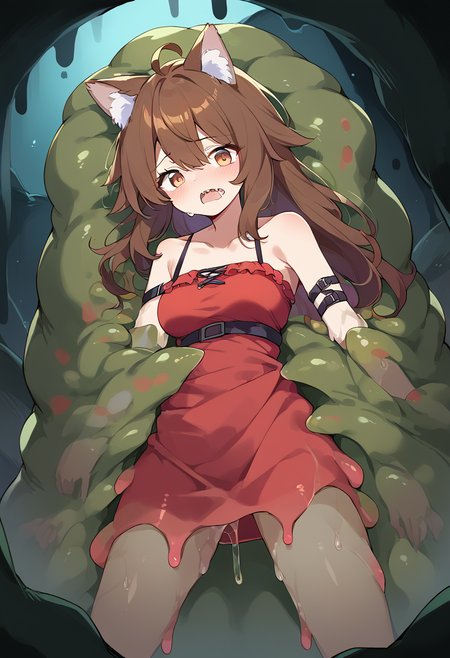 score_9,score_8_up,score_7_up,source_anime,zPDXL3,cave,
*//*,<lora:Like-Like_Concept:1>,likelike_monster,(no humans:1.2),spikes,slime (substance),tentacles,monster,solo,fang,saliva,
*//*,1girl,short stature,(twenties female:0.6),medium breasts,
(brown hair:1.2),(straight hair, long hair:1.3),lovely big eyes,wolf ears,wolf tail,bare shoulders,human hands,
red sleeveless,(red tank dress:1.2),clavicle,shoulder strap,white frills,
*//*,cowboy shot,dutch angle,dynamic pose,vore, tentacles, tentacle sex, restrained,