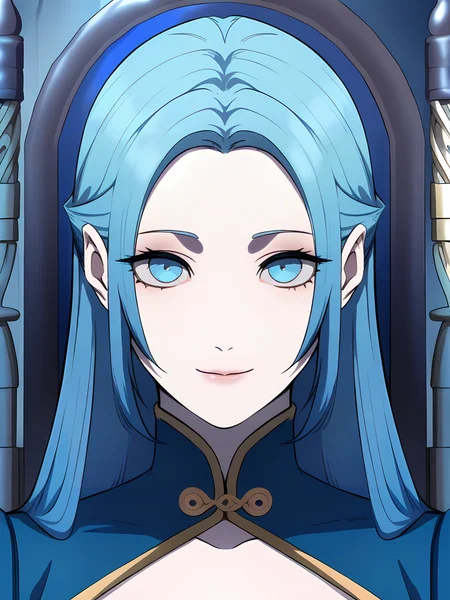 <lora:Alicia:0.8>, alicia, 1girl, solo, long blue hair, short sidelocks, blue eyes, pale skin, blue high collar, gold trim, neutral, smile, portrait, sitting on throne, looking at viewer, indoors