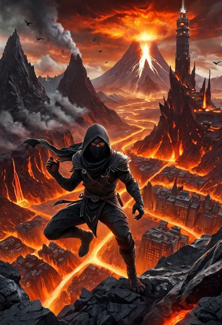 The beautiful city is in the belly of a volcano, 1boy, a ninja wearing a thick vest climbs the walls of the mouth of the mountains, looking down on a cityscape in lava, hands and feet in a climbing pose, climb in the mountain rocks, action climbing pose in the wall, from above shot, close-up, ninja wearing scarf and vest, clad in flowing, future city ​​in the belly of a volcano, lava, obsidian rock, cityscape, future city, tall building, clock tower, tower, steam, glass, castle, road, crowd, groups of crows flying around, glowing, shiny, scifi, intricate artistic color, cinematic light, radiant, vibrant, perfect symmetry, Grayscale, Dramatic spotlight, highly detail, Hyperrealistic 8k resolution Incredible details A masterpiece,
