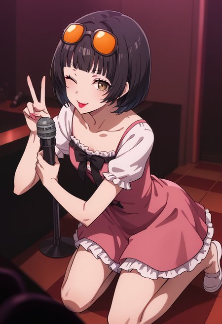 score_9, score_8_up, source_anime,
1 girl, solo, cute face,
p5ohya, black hair, bob cut, blunt bangs, lipstick, brown eyes, sunglasses, eyewear on head,
idol outfit, cute frilly idol outfit, frilled dress, pink dress, ribbons,
idol stage, microphone, wink, full body, v