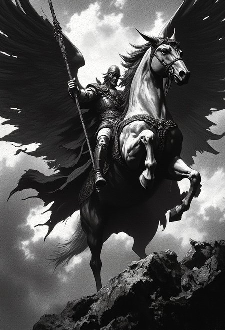 The image depicts a dramatic black-and-white scene of a powerful statue of a winged horse, possibly Pegasus, being ridden by a warrior holding a spear. The statue is highly detailed, with the warrior wearing a helmet and a flowing cape. The horse's wings are spread wide as if in flight, and the warrior appears poised for battle. The background consists of dark, swirling clouds, enhancing the epic and mythical feel of the scene.
