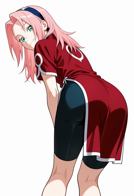 Score_9_up, score_8_up, score_7_up, source_anime, Expressiveh, perfect eyes, 1girl, solo, 1girl, haruno sakura, pink hair, long hair, green eyes, slim body,Small breasts,red shirt, red qipao, black short sleeves, ((bike shorts)), 
from behind,pov, smile,
feet out of frame,
Japanese,
BREAK
BREAK masterpiece, best quality, amazing quality, (perfect anatomy:1.2), (beautiful artwork), (beautiful color), strong lighting, <lora:blm_ILL_V1:0.3>, <lora:HandFineTuning_XL:0.7>